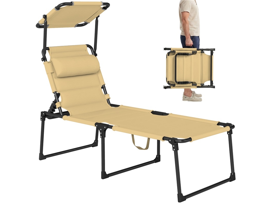 Espreguiçadeira Jardim Cobertura Ajustável Encosto 4 Níveis Apoio Cabeça 70x200x45cm Creme