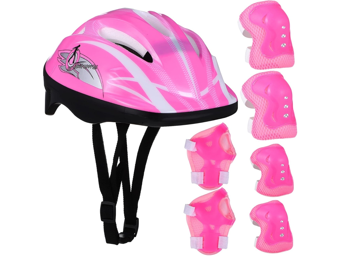 Conjunto de 7 piezas de protección para cabeza, rodillas, muñecas y codos para niños, ciclismo, carreras y patinaje, rojo y rosa.