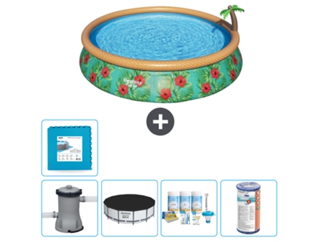 Piscina Hinchable Redonda Fast Set BESTWAY - Estampado Paraíso - 457 x 84 cm - Bomba Incluida Cubrir - Paquete de mantenimiento - Filtrar - Baldosas