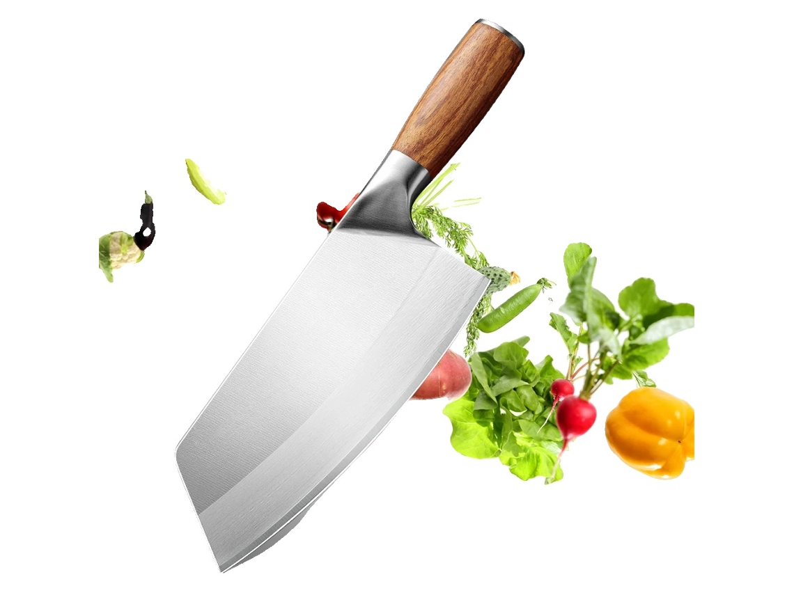 Cuchillo de chef, hoja de acero inoxidable, mango ergonómico, sin patrón.