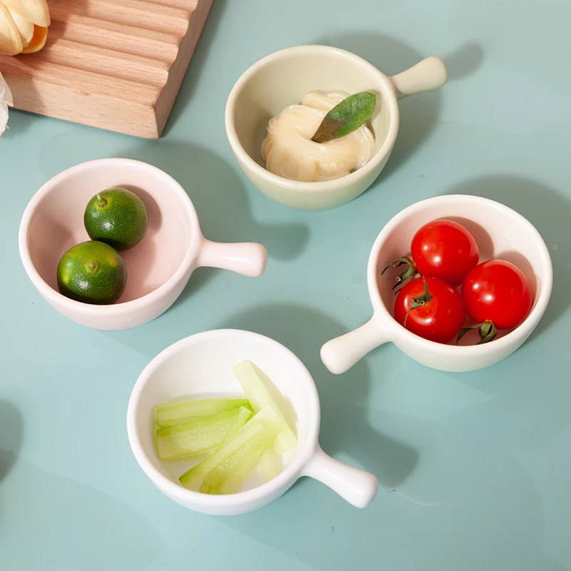 (4 Piezas) 4 Platos Redondos De Cerámica Con Asas, Lindos Mini Cuencos, Cuencos Para Cereales Y Postres Cremosos