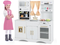 Cocina Juguete de Madera con Microondas, Cafetera,Cocinita Infantil para Chef con Cortinas y Sonidos para Niños de 3+ Años (Blanco) COSTWAY
