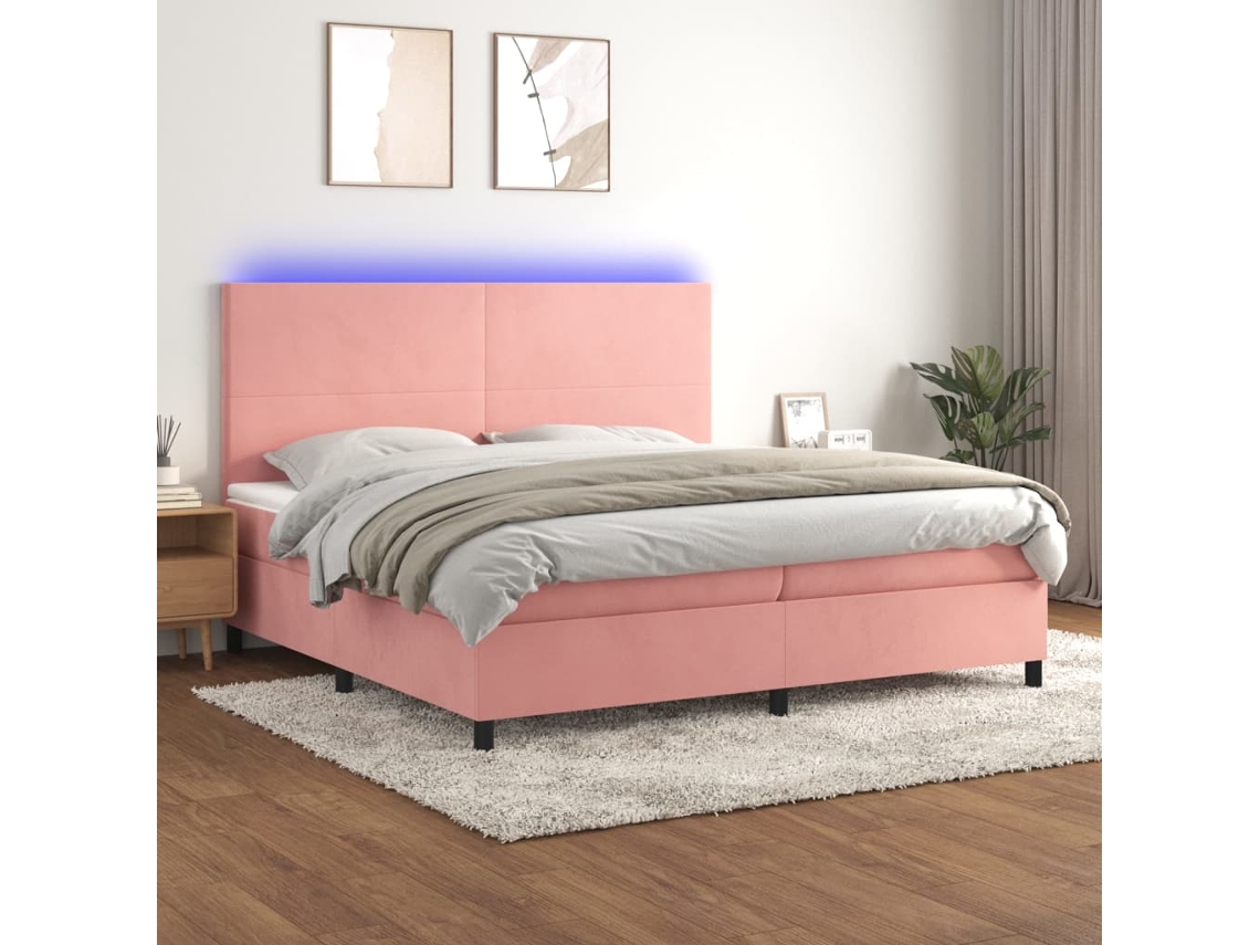 Cama Box Spring Colchón Y Led Terciopelo Rosa 200x200 Cm