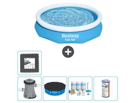 Piscina hinchable redonda Fast Set BESTWAY - 305 x 66 cm - Azul - Bomba incluida Cubrir - Paquete de mantenimiento - Filtrar - Baldosas