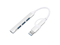 Adaptador multipuerto USB-C con 4 puertos USB para portátil, teclado, ratón y unidad USB.