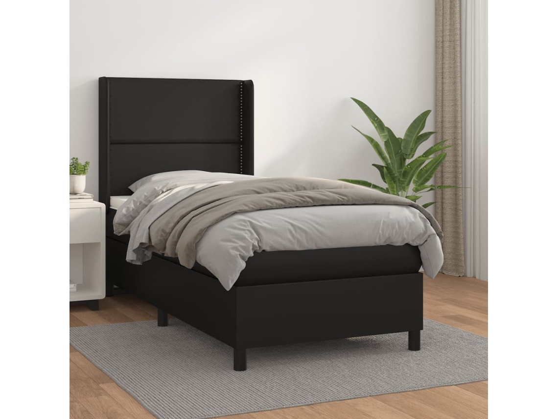 Cama Box Spring Con Colchón Cuero Sintético Negro 90x190 Cm