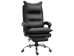 Silla de oficina ergonómica con reclinación de 155°, reposapiés, piel sintética, altura ajustable y rotación de 360°, color negro.
