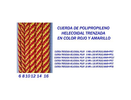 Cuerda trenzada helicoidal polip. 10 mm x 100 mt.rojo-amar pp137
