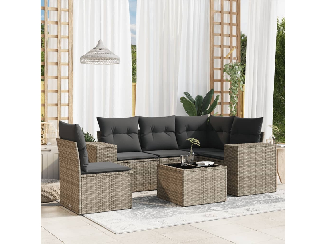 Conjunto de sofá de jardín de 6 piezas con cojines de mimbre gris, Dkd Home Decor