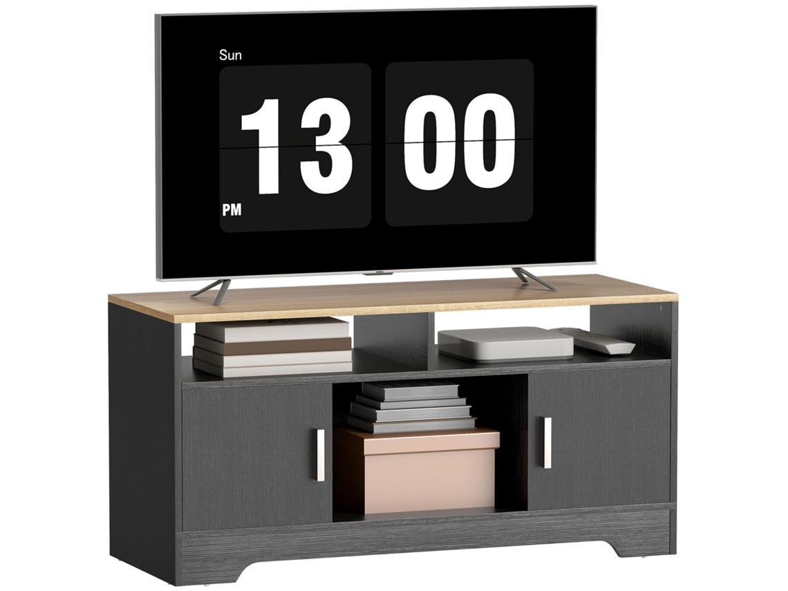 Mueble/banco De Tv De Madera Con 2 Estantes, 2 Armarios Con Puertas Y Un Armario Abierto, 105 X 40 X 52 Cm, Efecto Madera Negra.