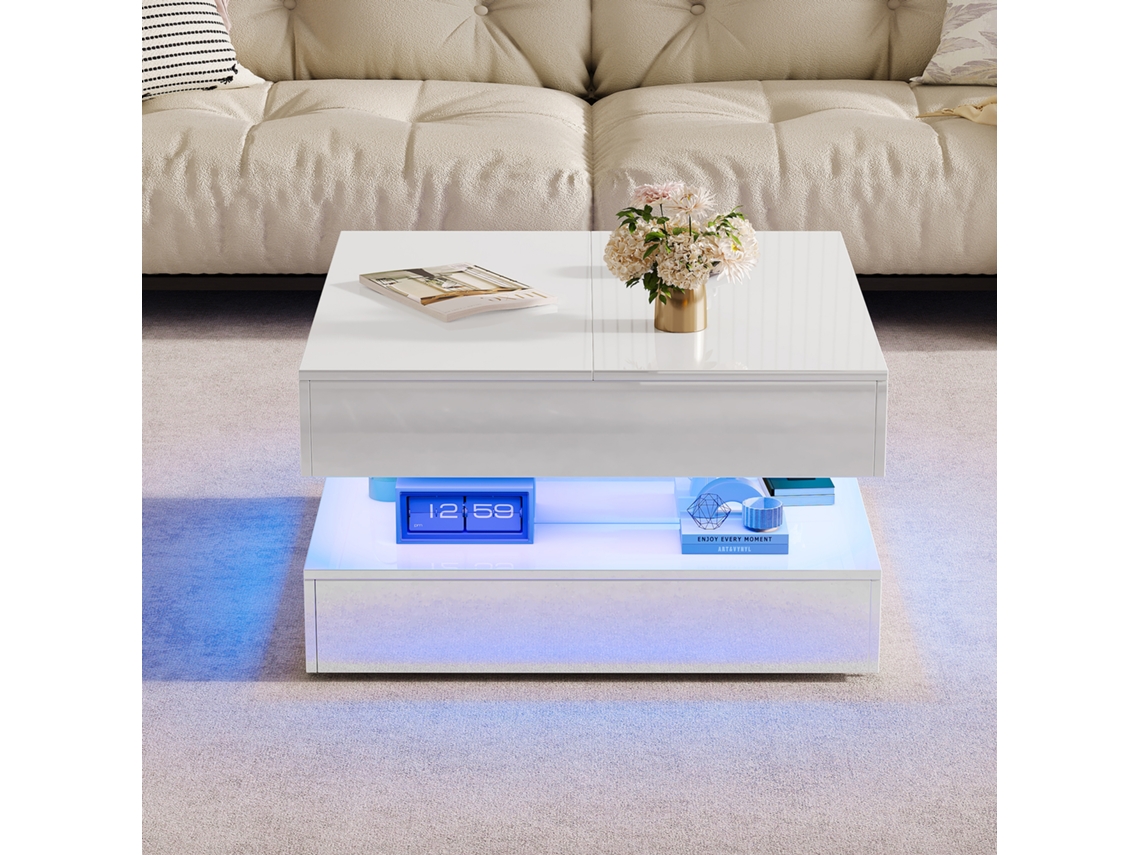 Mesa De Centro Cuadrada Lacada Con Iluminación Led Y Almacenaje Integrado Blanca