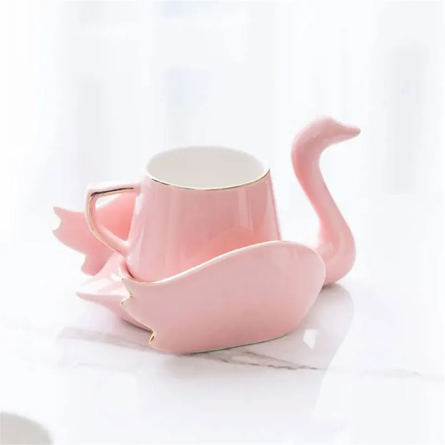 Juego de taza y platillo con forma de cisne, mini taza de cerámica, 110 ml MDUG (rosa)
