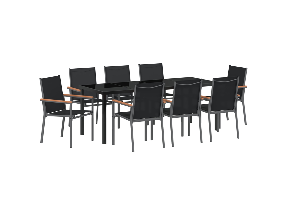 Juego de comedor de jardín VidaXL de 9 piezas en textileno negro y acero