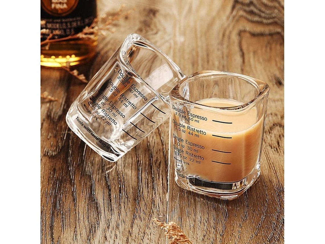 Taza Medidora De Vidrio Grueso Para Espresso De 60 Ml Con Base Cuadrada Y Escala De Onzas Y Mililitros.