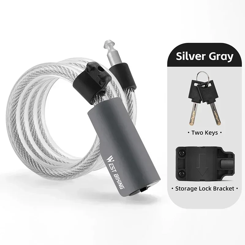 Candado de cable portátil MDUG para bicicleta con 2 llaves, resistente al agua y al polvo (gris)