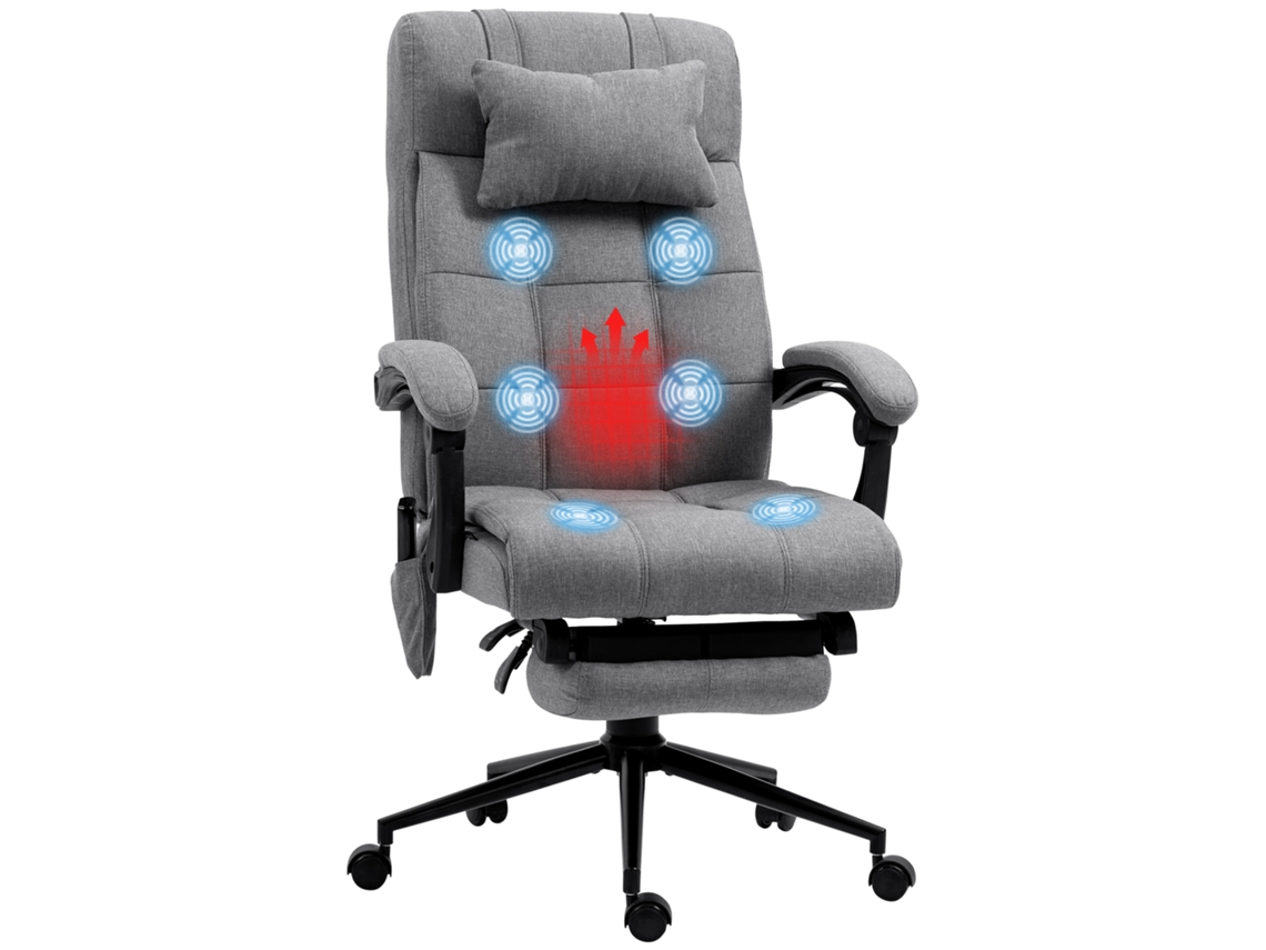 Silla de oficina ergonómica reclinable con calefacción y masaje, altura regulable (112-120 cm), tejido efecto lino, color gris.