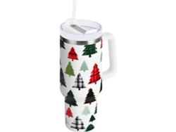 Taza térmica navideña, capacidad de 1200 ml, con pajita y tapa de acero inoxidable. Sin marca.