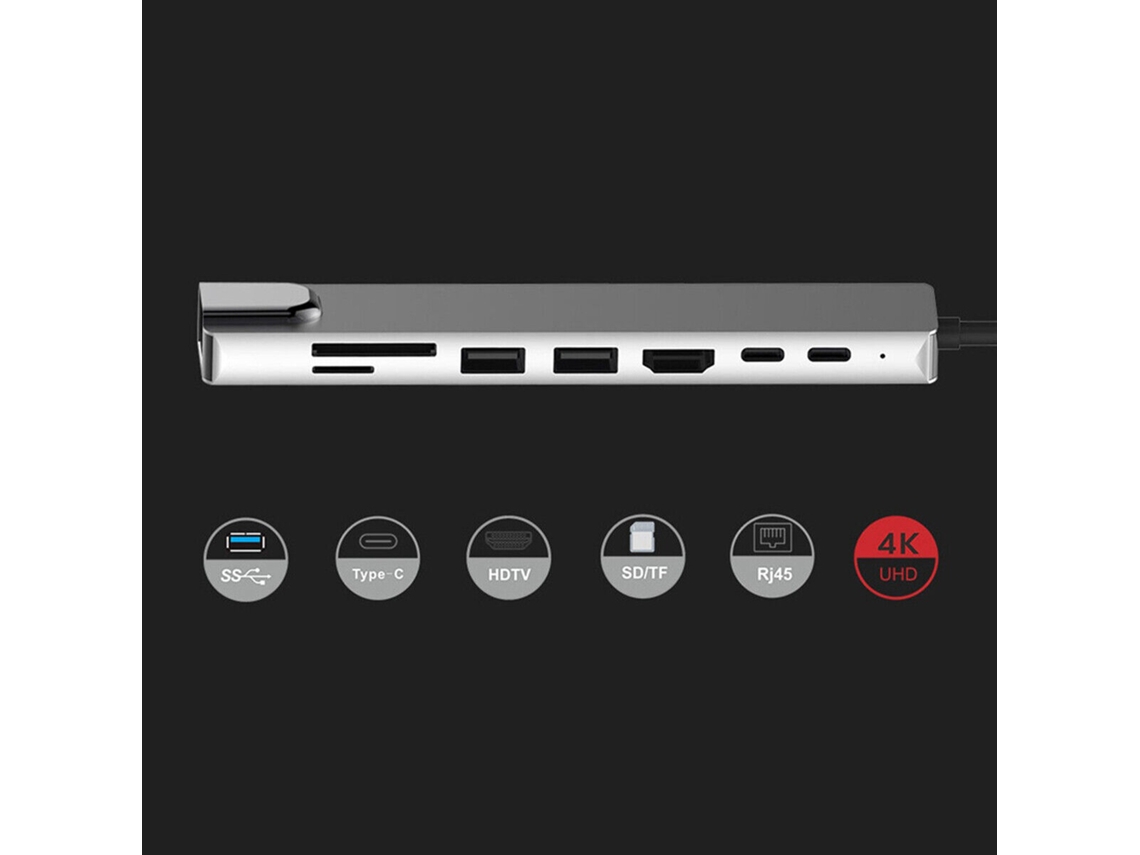 Hub Usb C 8 Em 1 Adaptador Docking Station Com 4k Hd, Rj45, Usb 2.0 E Porta De Carregamento Pd Para Pc Notebook Tv