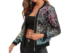 Jaqueta curta feminina de lantejoulas com gola estilo beisebol, botões e bolsos funcionais, tamanho XL, roxa, modelo 2026, ideal para baladas.