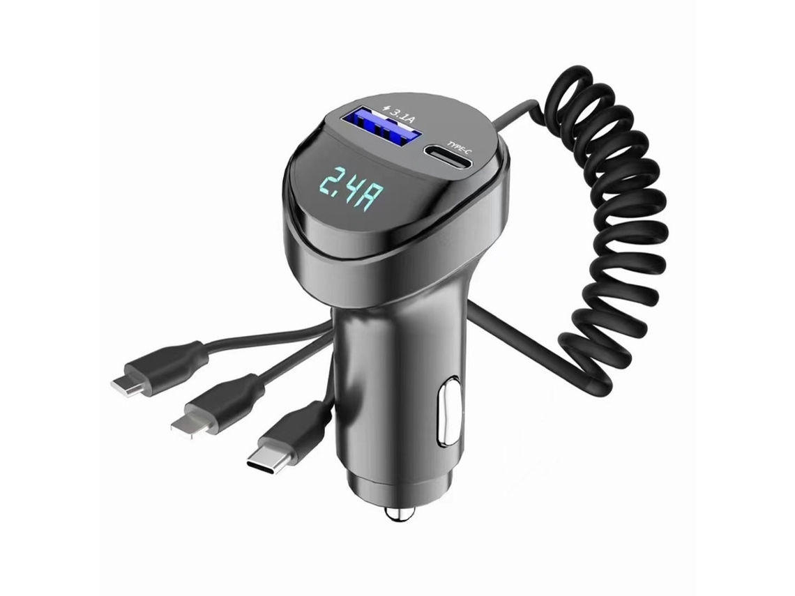 Transmisor de FM YIZHOOD KC08 Carga rápida de 55 W 2 puertos, cable de carga retráctil USB tres en uno USB con pantalla de voltaje negro
