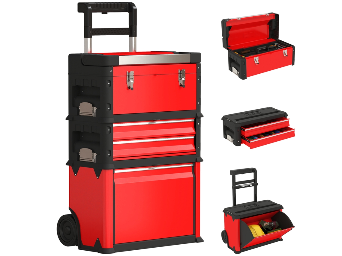Juego 3 Cajas Herramientas Apilables Con Ruedas Rojo
