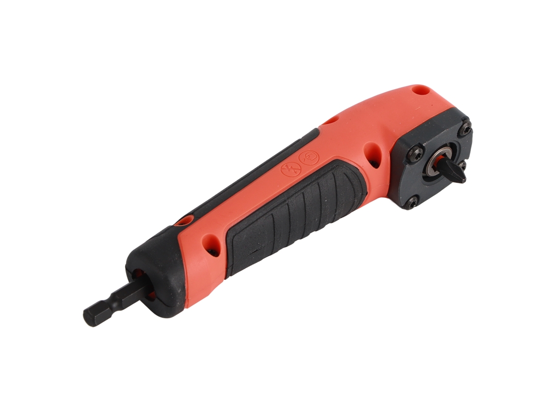 Adaptador de destornillador en ángulo recto con mango ergonómico.