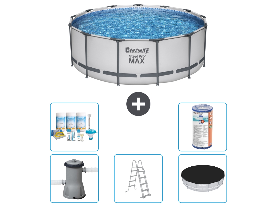 Piscina BESTWAY Round Steel Pro MAX - 396 x 122 cm - Gris - Bomba incluida - Escalera - Cobertor Paquete de mantenimiento - Filtrar
