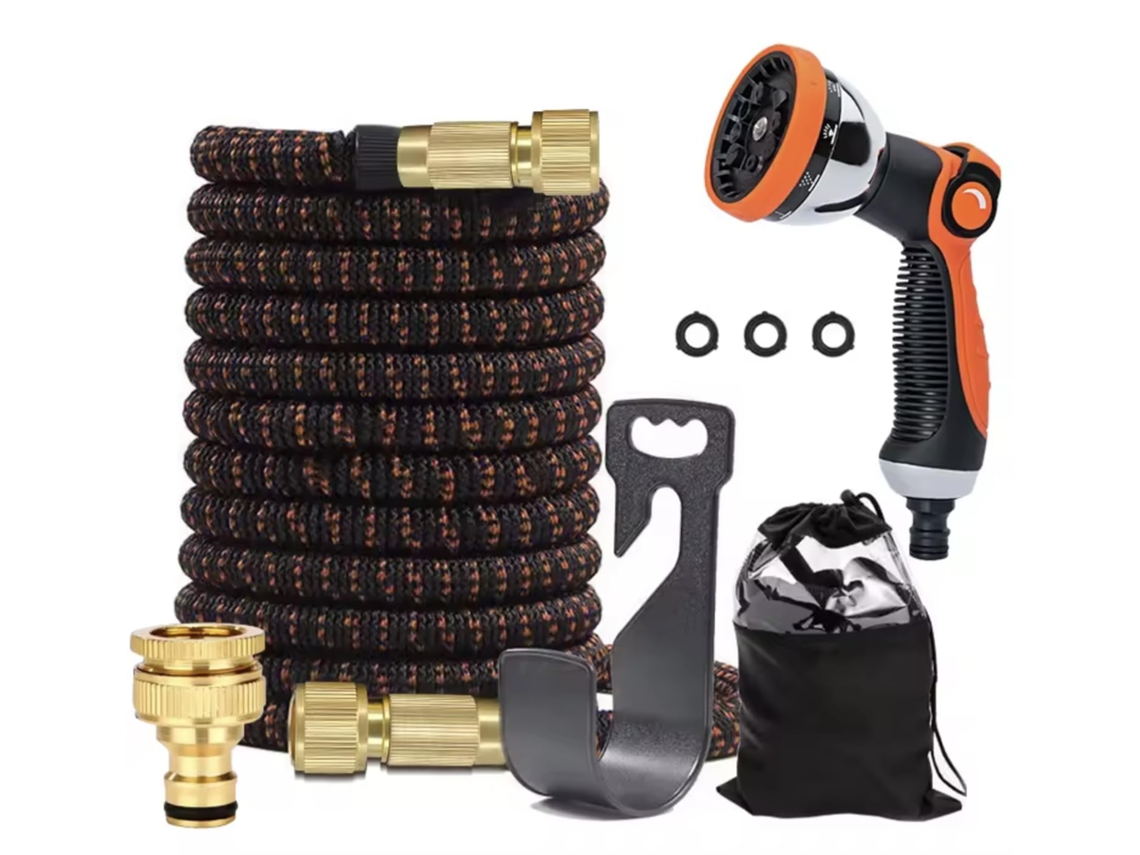 Manguera Extensible De 30m De Látex Triple, Conexiones De Latón Y Pistola Metálica 10 Modos, Muy Resistente, Color Naranja