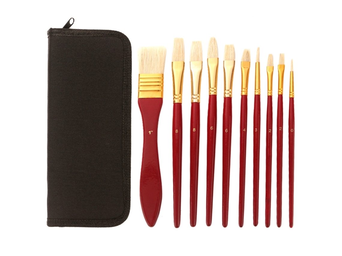 (mango Rojo, Bolsa Negra, 10 Piezas/juego) Mango De Madera, Juego De Acuarela Para Pintura Al Óleo Con Cerdas De Cerdo