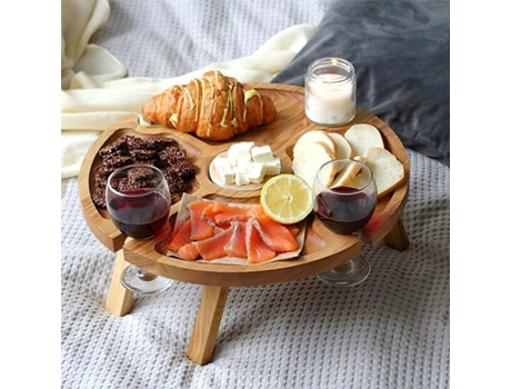 Mesa de picnic plegable de madera con soporte para copas de vino - Estante portátil creativo 2 en 1 para copas de vino y plato compartimentado para...