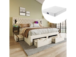 Conjunto Completo Cama Tapizada 160x200 Cm - 2 Mesitas, 4 Cajones, Luz Led Usb - Beige