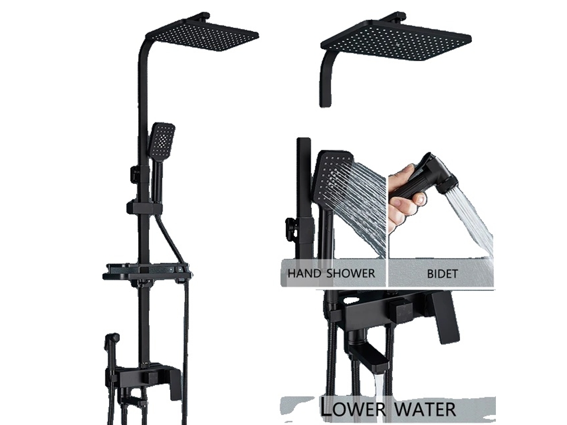 Juego de grifo de ducha de pared con efecto lluvia, 4 vías, ABS negro