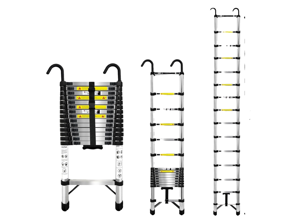 Escalera extensible, diseño telescópico, patas antideslizantes, 5,1 m con gancho.
