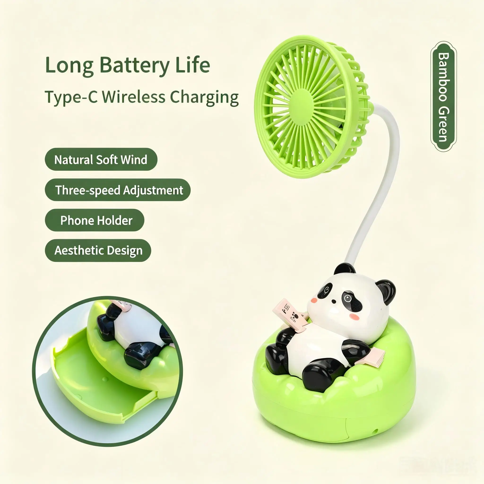 Ventilador De Escritorio Con Forma De Lindo Panda Verde (verde), Tres Velocidades De Viento, Mini Ventilador Portátil.