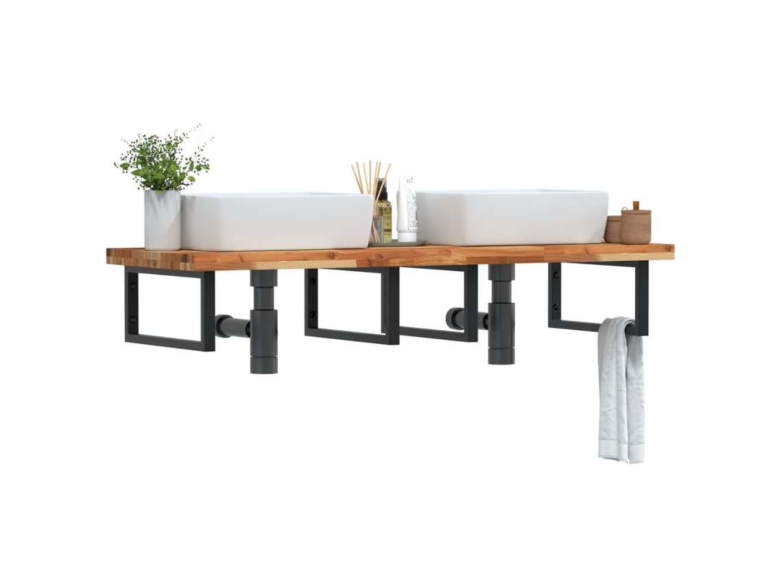 Estante De Lavabo De Pared | Estante Flotante | Estantería Pared Acero Y Madera Maciza De Acacia