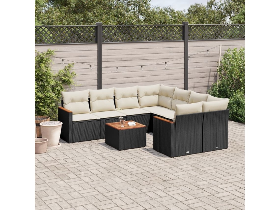 Conjunto de sofá de jardín de 9 piezas con cojines, ratán negro, Dkd Home Decor