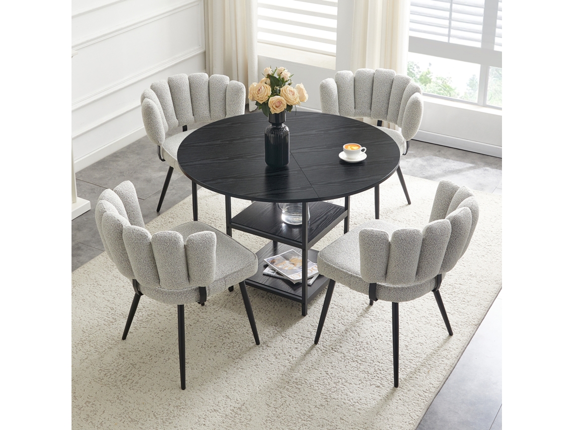 Juego De Mesa Redonda (107 Cm), 2 Niveles, 4 Sillas, Gris Claro, Estampado Floral Texturizado.