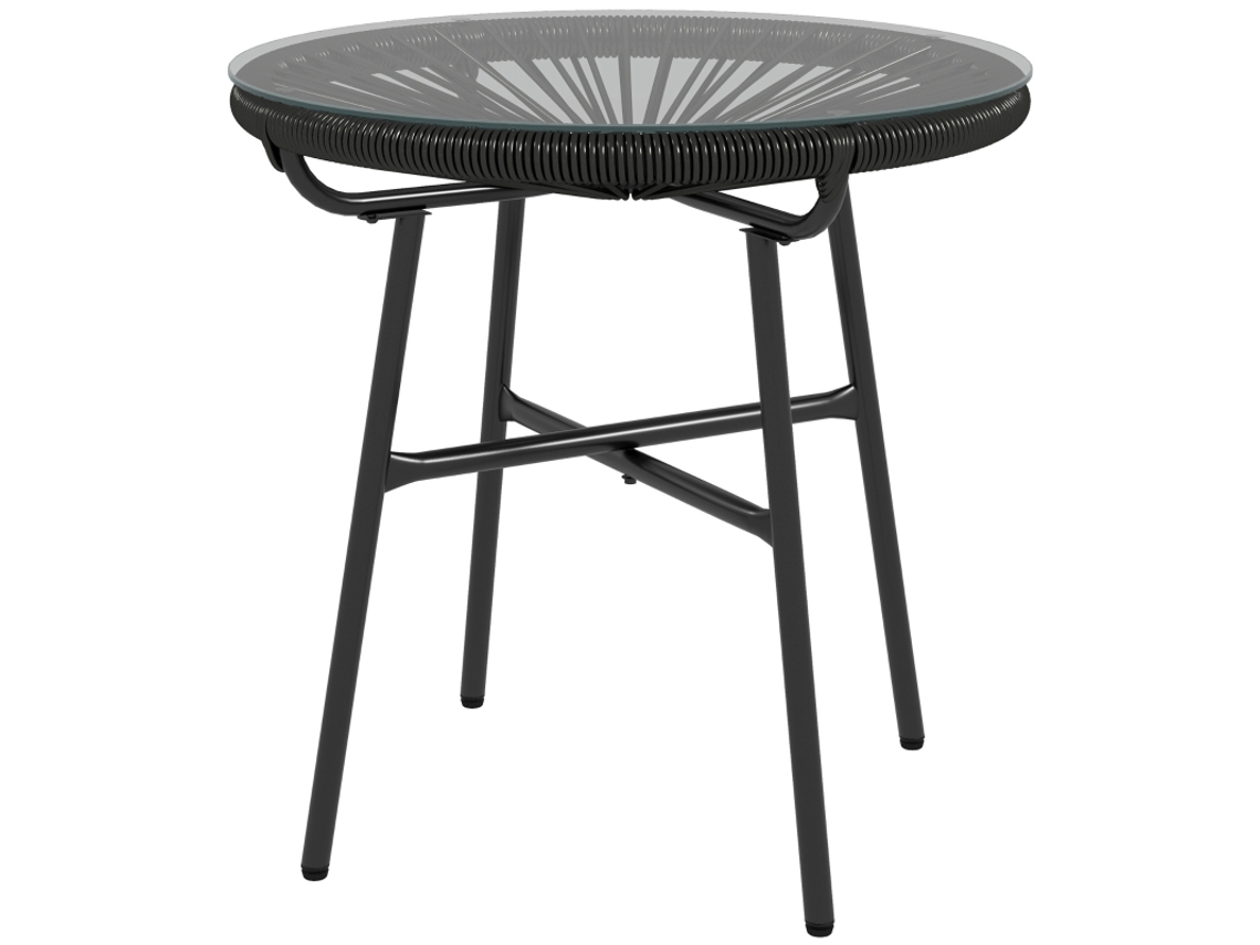 Mesa Auxiliar De Jardín Estilo Bohemio, De Ratán, Con Cristal Templado Pe Negro.