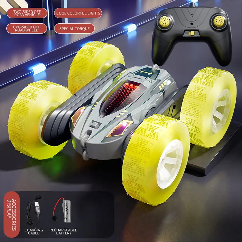 (amarillo) Coche Acrobático Teledirigido, Con Giro De Doble Cara, Para Derrapes Y Luces.