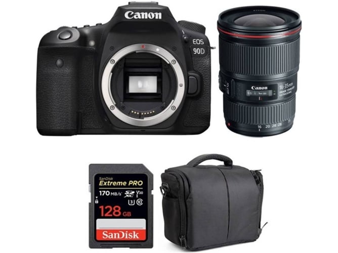 Kit Cámara Réflex CANON EOS 90D + EF 16-35mm f/4L IS USM + SanDisk 128GB + Bolsa