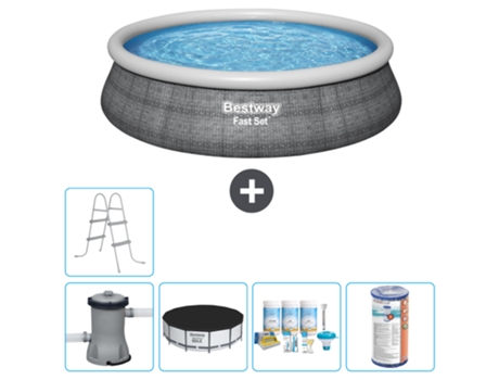 Piscina hinchable redonda Fast Set BESTWAY - Estampado ratán - 457 x 84 cm - Bomba incluida Cubrir - Paquete de mantenimiento - Filtrar - Escalera