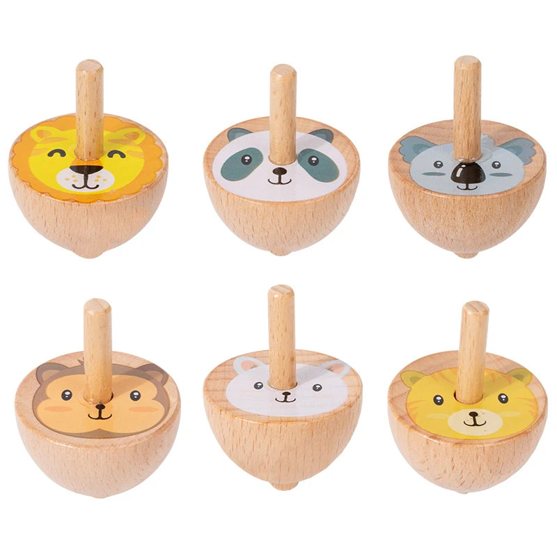 Conjunto De 6 Piões De Madeira, Piões Coloridos Montessori Com Desenhos Animados.