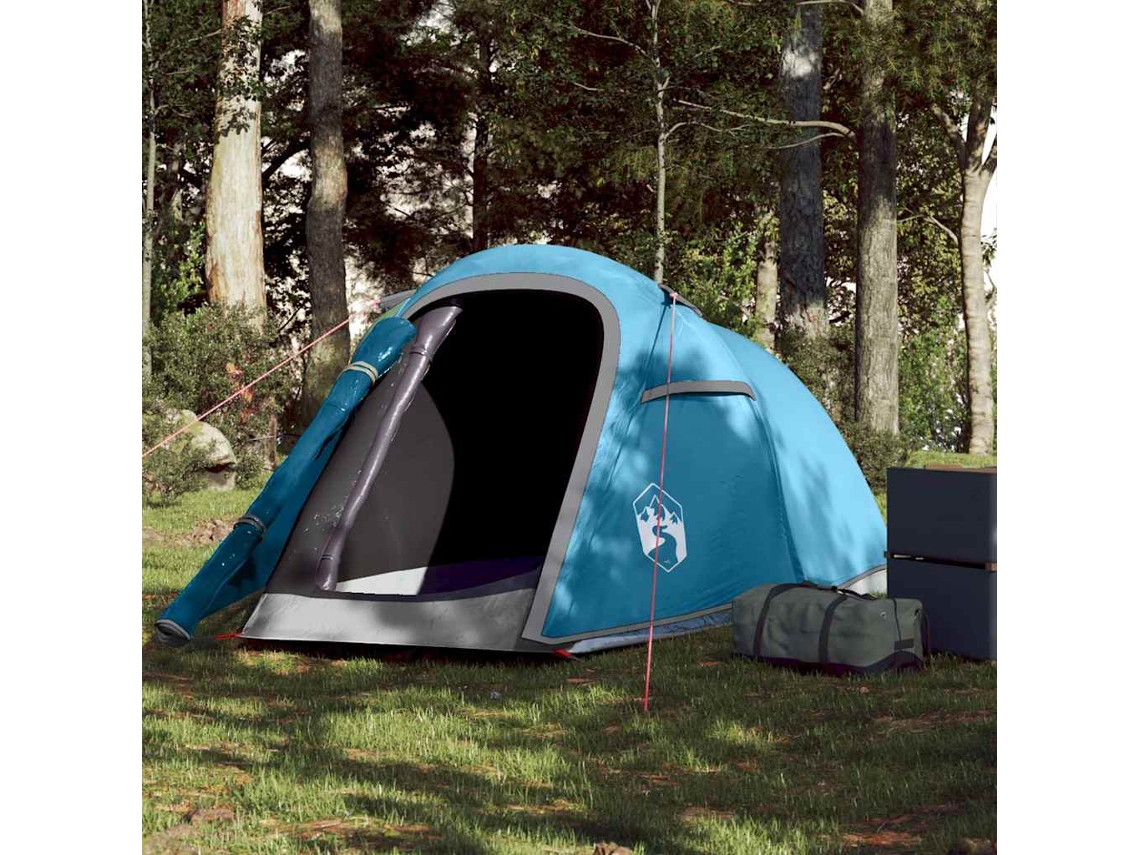 Tienda de campaña tipo túnel impermeable azul para 2 personas.