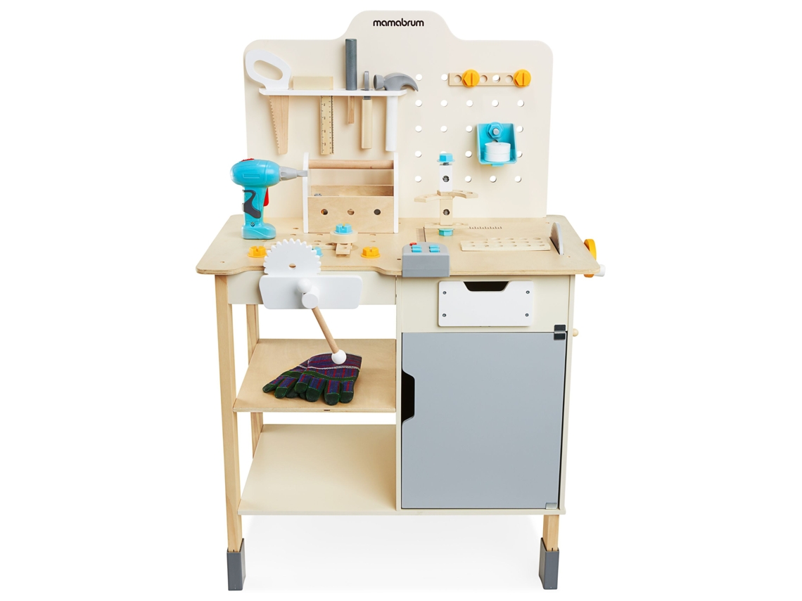 Taller infantil de madera, Banco de trabajo con 74 elementos de bricolaje, mesa de trabajo, taladro, tornillos, guantes, apto para manos pequeñas MAMABRUM