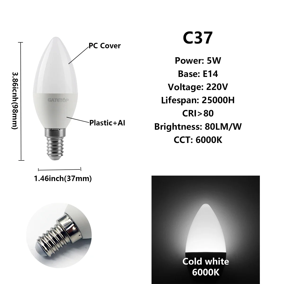 (c37 5w E14 6000k, 220v) 8 Bombillas Led, Para Iluminación Y Decoración Del Hogar.