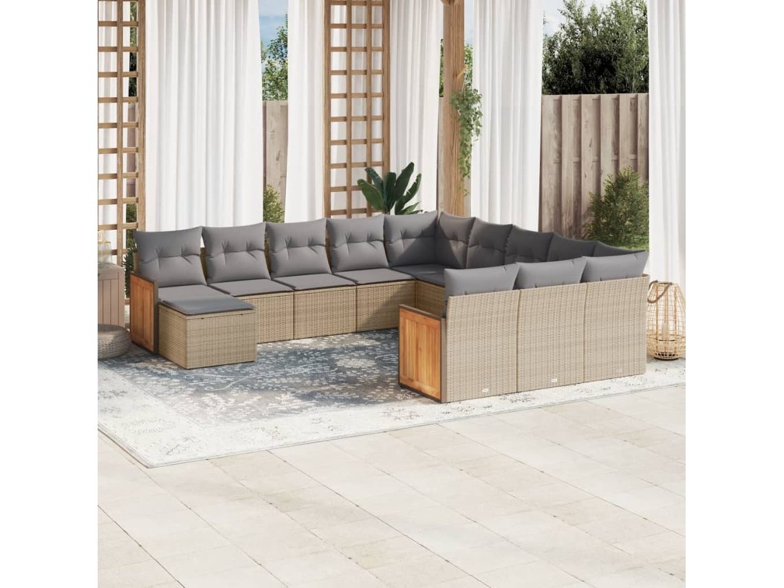 Conjunto de sofá de jardín de 12 piezas con cojines, mimbre sintético beige, Dkd Home Decor