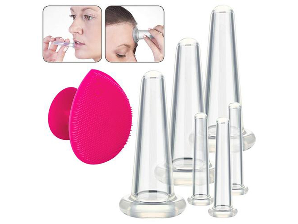 HYMNORA Kit de Masaje Facial con Ventosas para Rostro y Ojos, Copas de Silicona con Cepillo Exfoliante