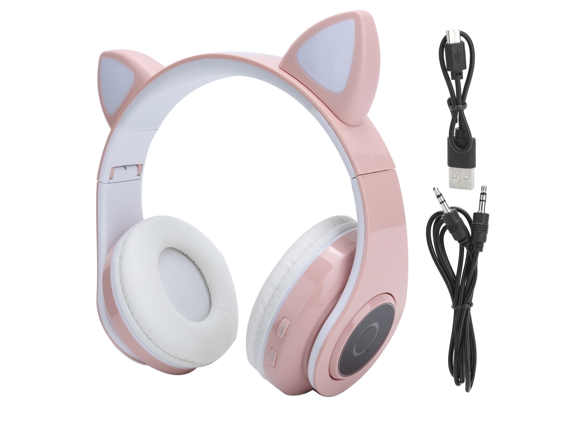 Auriculares Estéreo Bluetooth 5.0 Circulares Rosas Con Estampado De Gato Y Luz Led Para Jóvenes.