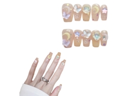 Uñas postizas medianas en forma de ataúd con diseño 3D de lujo, 10 unidades con kit de uñas en 4 tamaños Kofihety