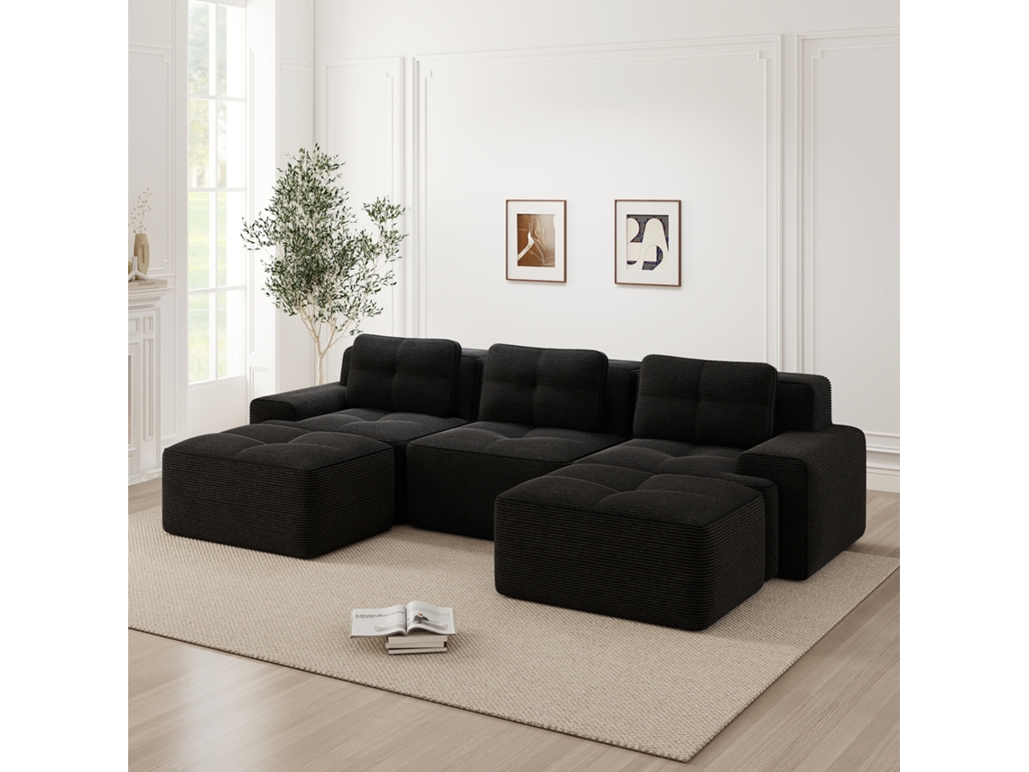 Sofá Modular U 3 Plazas - Cloud Con Otomana Sin Montaje - Negro